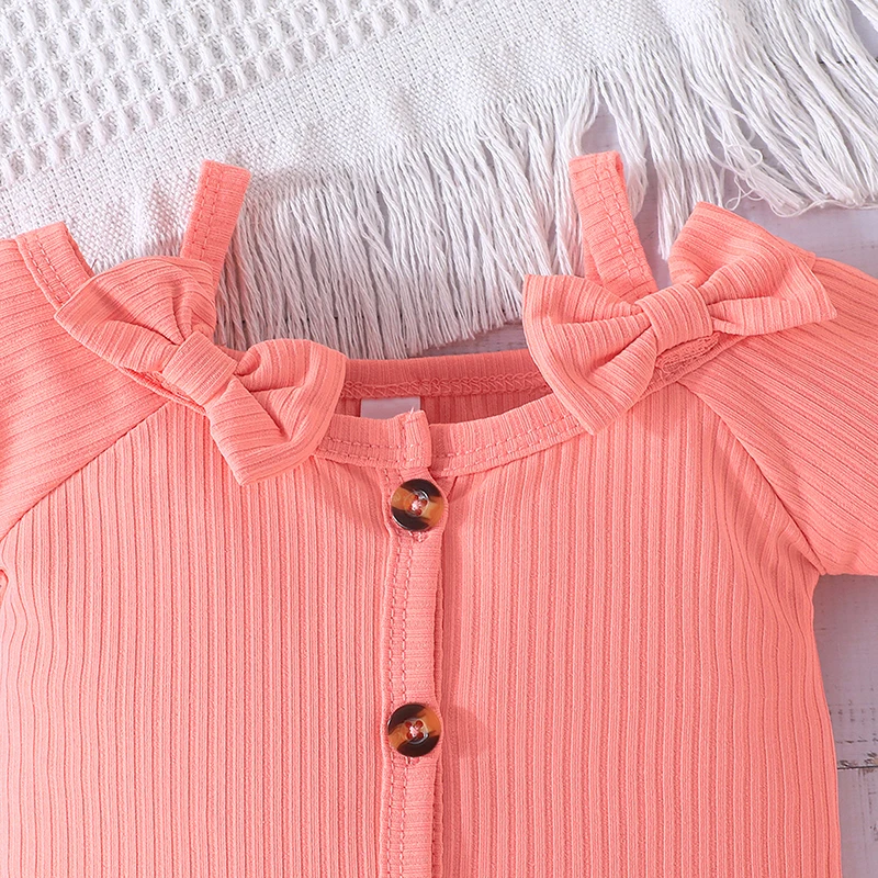 

Infant Girl Bell Bottom Outfit Short Sleeve Button Romper Ribbed Off Shoulder Bodysuit Ruffle Flare Pants Headbands