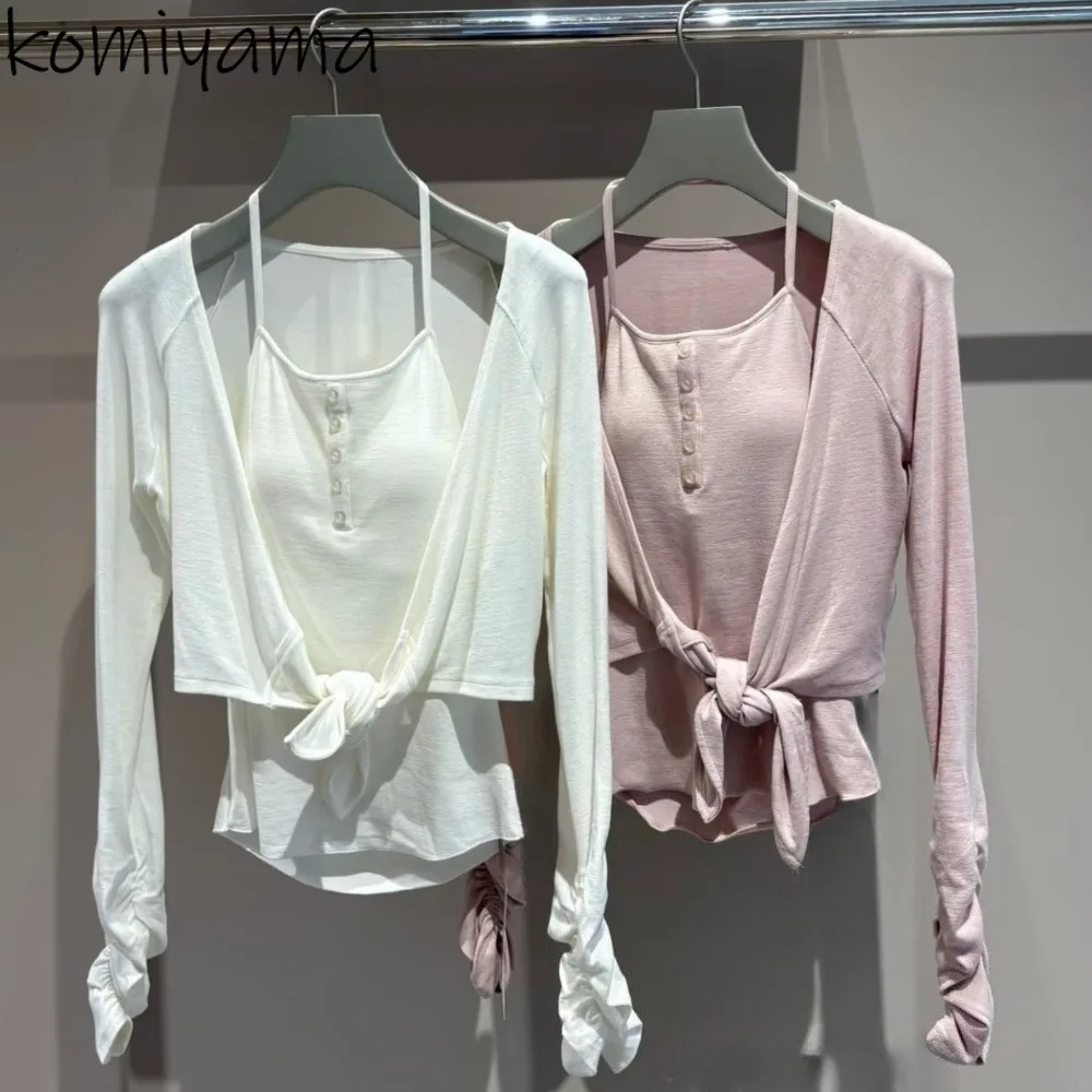 

Ropa Mujer с длинными рукавами и рюшами, вязаный женский кардиган с лямкой на шее, 2021, японский вязаный свитер, женская осенняя одежда, новый милый комплект