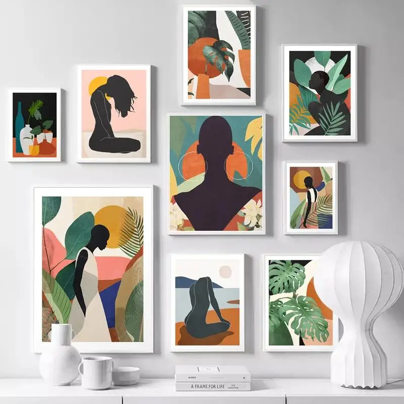 Abstract African Lady  Monstera Leaf Canvas Print  Nordic Wa