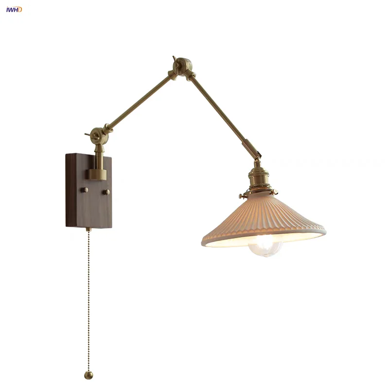 

IWHD Pull Chain Switch LED Wall Lamps For Living Room Cafe Rotatable 2 Swing Arms Walnut Wood Nordic Modern Ceramic Stair Light
