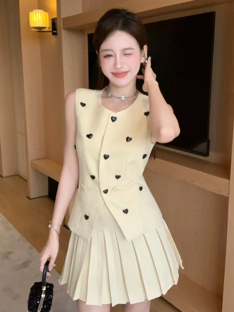 High Quality Korean Elegant Fashion OL 2 Piece Set Women Blazer Vest Top + Pleated Skirt Two Piece Suits Small Fragrance Outfit