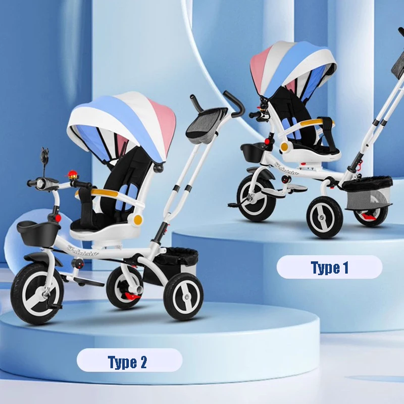 Tricycle multifonction pour enfants avec plaque à manger amovible et siège rotatif et peut s'allonger et se repos