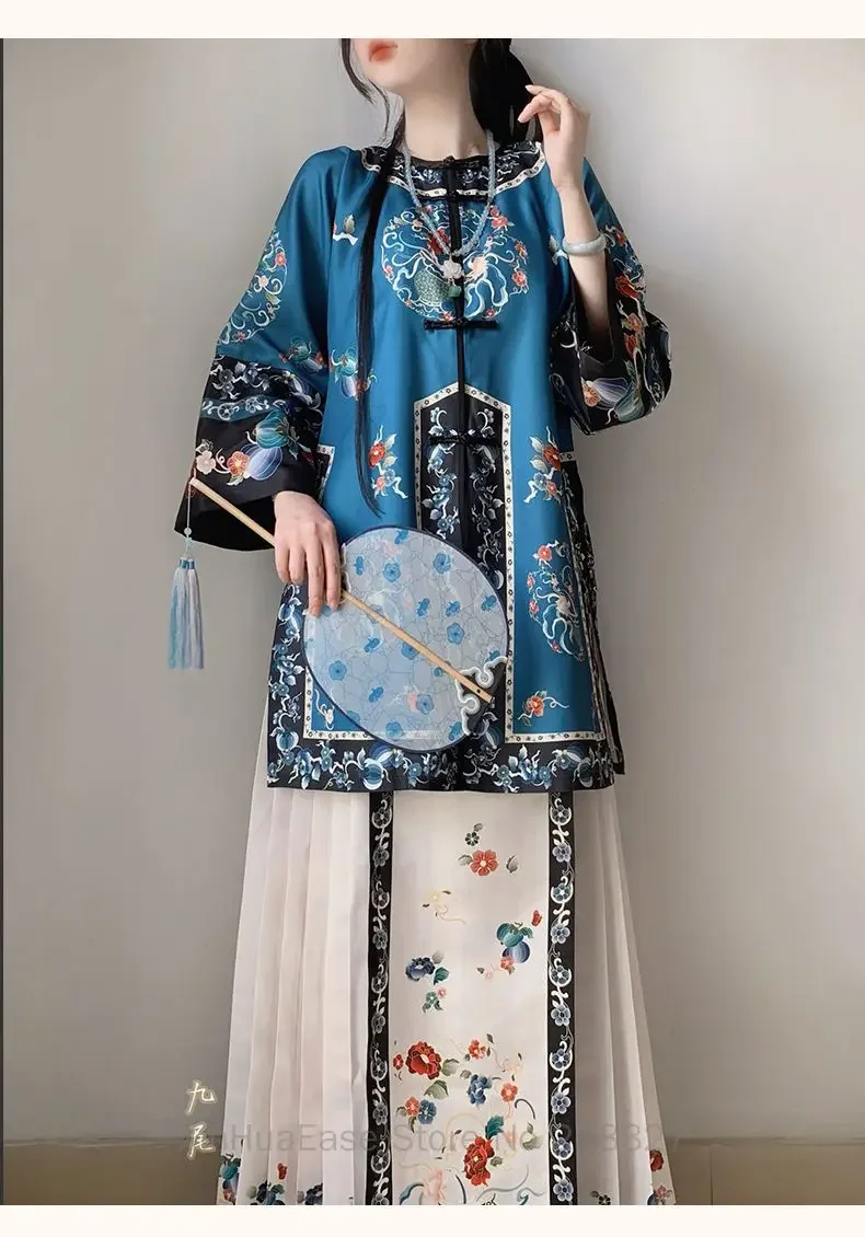 Hanfu de la dinastía Qing para mujer, ropa Antigua China de cuello redondo, falda estampada con cara de caballo, color azul oscuro, estilo de otoño,