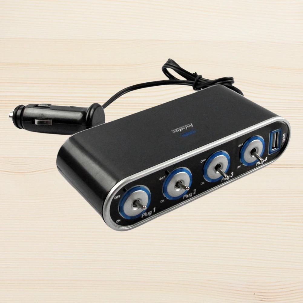 

12V Car Power Distributor 4 Way Cigarette Lighter Socket Splitter USB Port Power Socket Distributor LED Light Switch Adapter