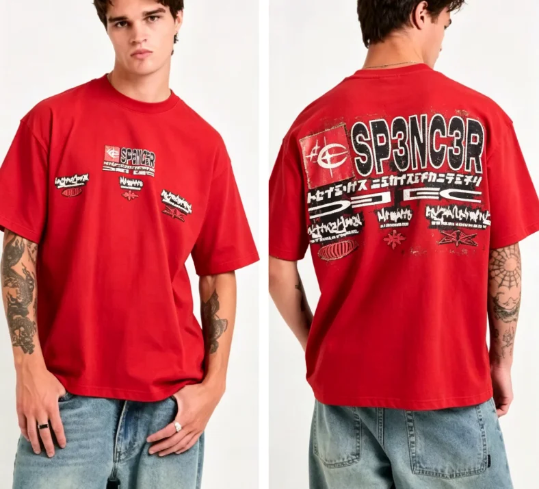 2026 Sticker fragment print graffiti logo on the back with distorted letter patterns. Unisex cotton short-sleeved T-shirt.