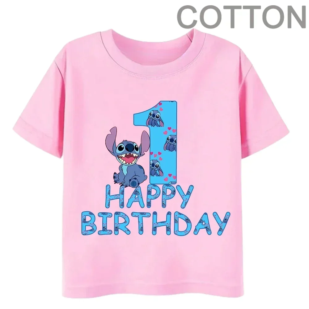 

Summer Pink Lilo Stitch Children T Shirt Birthday Number 1-14 Kid Kawaii Girl Casual Kid Clothes Anime Cartoon Baby Tops Tee