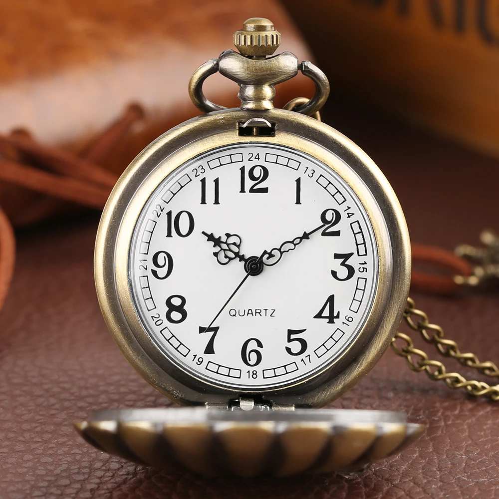 Charm Shell Em Forma De Bronze Colar Pocket Watch Quartz Analógico Arábicos Dial Vintage Elegante Relógio Pingente Unisex