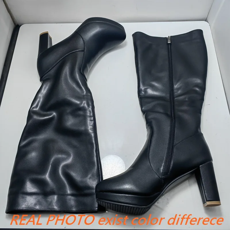 ORCHA LISA Sexy Female Long Boots Patent Leather Round Toe Block High Heel 11.5cm Platform 4.5cm Zipper Big Size 50 Dating Booty