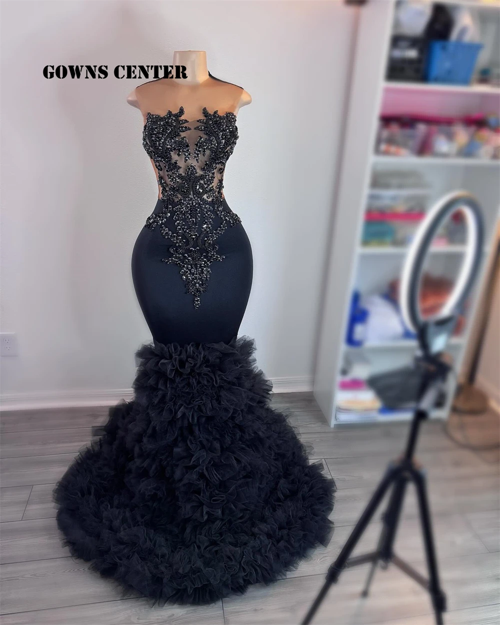 

Black Ruched Train Prom Dresses Rhinestones Beaded African Mermaid Luxury Dress Women 2025 Wedding Reception Customized