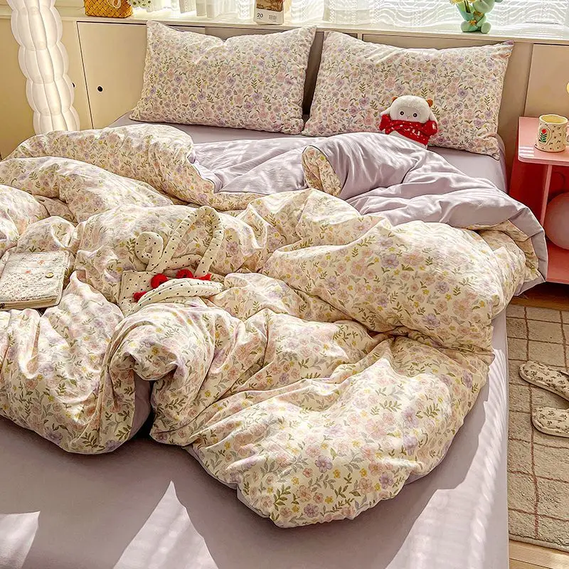 Purple Floral Duvet Cover Set Single Queen Size Girls Flat Sheet Pillowcase No Filler Ins Korean Home New Bedding Set