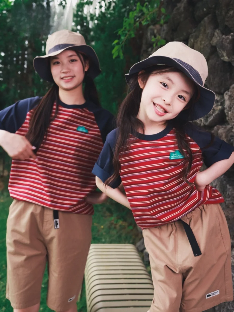 Outdoor Camping Kids Matching T-shirts Pure Cotton Short Sleeve Striped Summer New Arrival Girls Top FaceC Mountain Series