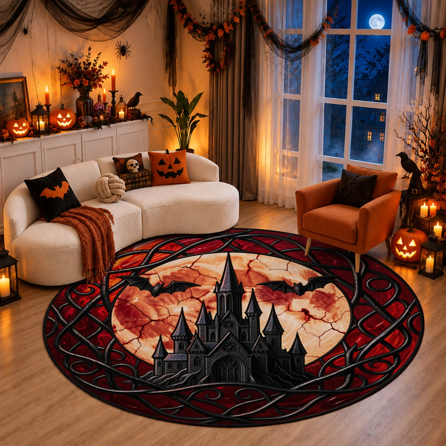 Stained Glass Vampire Castle Bat Full Moon Velvet Wall Art Machine Washable for Living Room Bedroom Porch Dining Area Halloween Thanksgiving Black Friday Christmas New Year