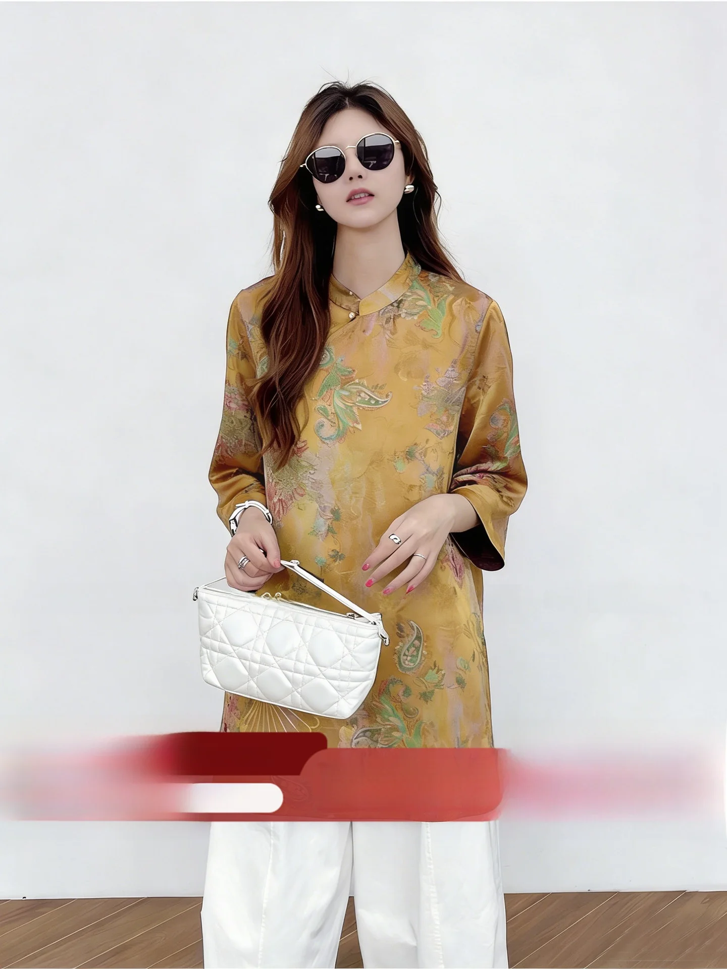 

Traditional Korean Silk Shirt Slanting Collar Side Slit Seven-Quarter Sleeve Stand-Up Collar Chinese Style Women's ...