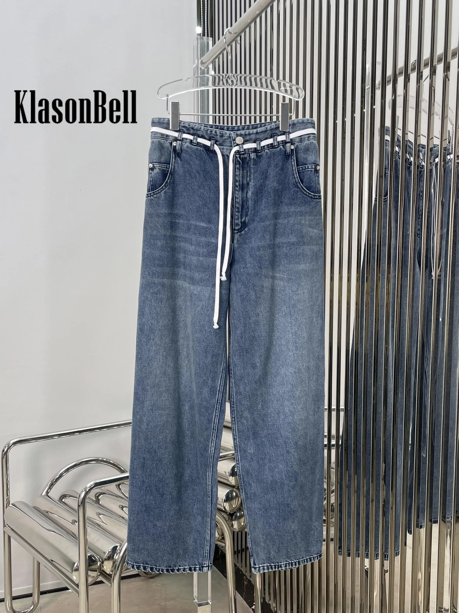 7.21 KlasonBell Women Lace-up Bandage Collect Waist Jeans Cotton Blend Soft Washed Denim Straight Pants