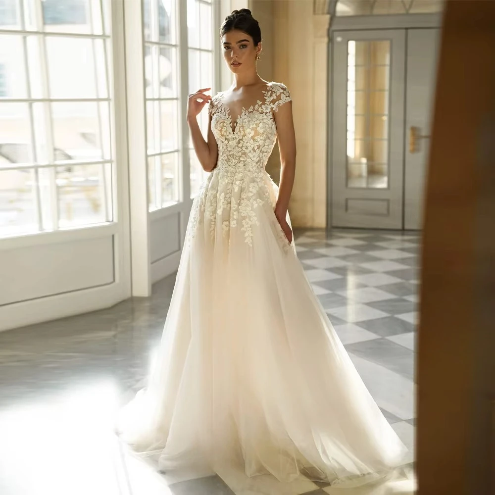 Vintage A Line Wedding Dress Sheer O-neck Cap Sleeves Appliques Tulle Bridal Gown Robe De Mariee Floor Length vestido de novia