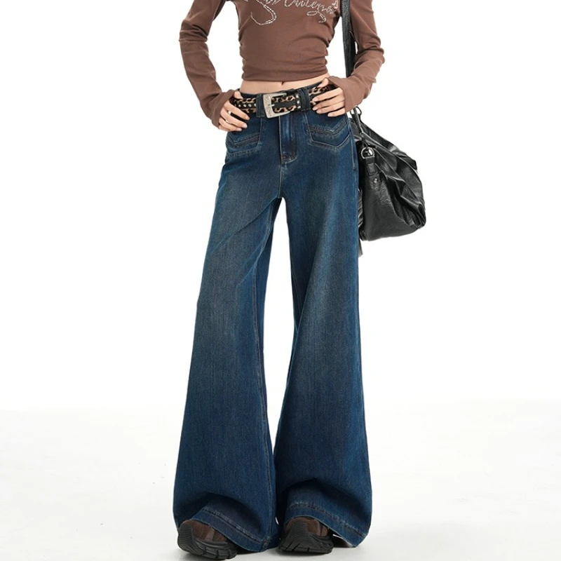 Amerikaanse stijl laag getailleerde pittige meisje grote voet uitlopende jeans dames herfst en winter losse elastische broek met wijde pijpen