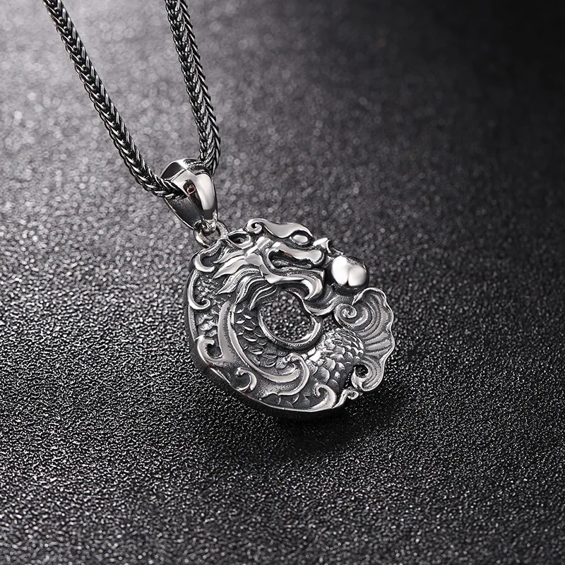 S925 Sterling Silver Dragon Pendant Black Color Old Process Unisex Fine Jewelry FYNE389
