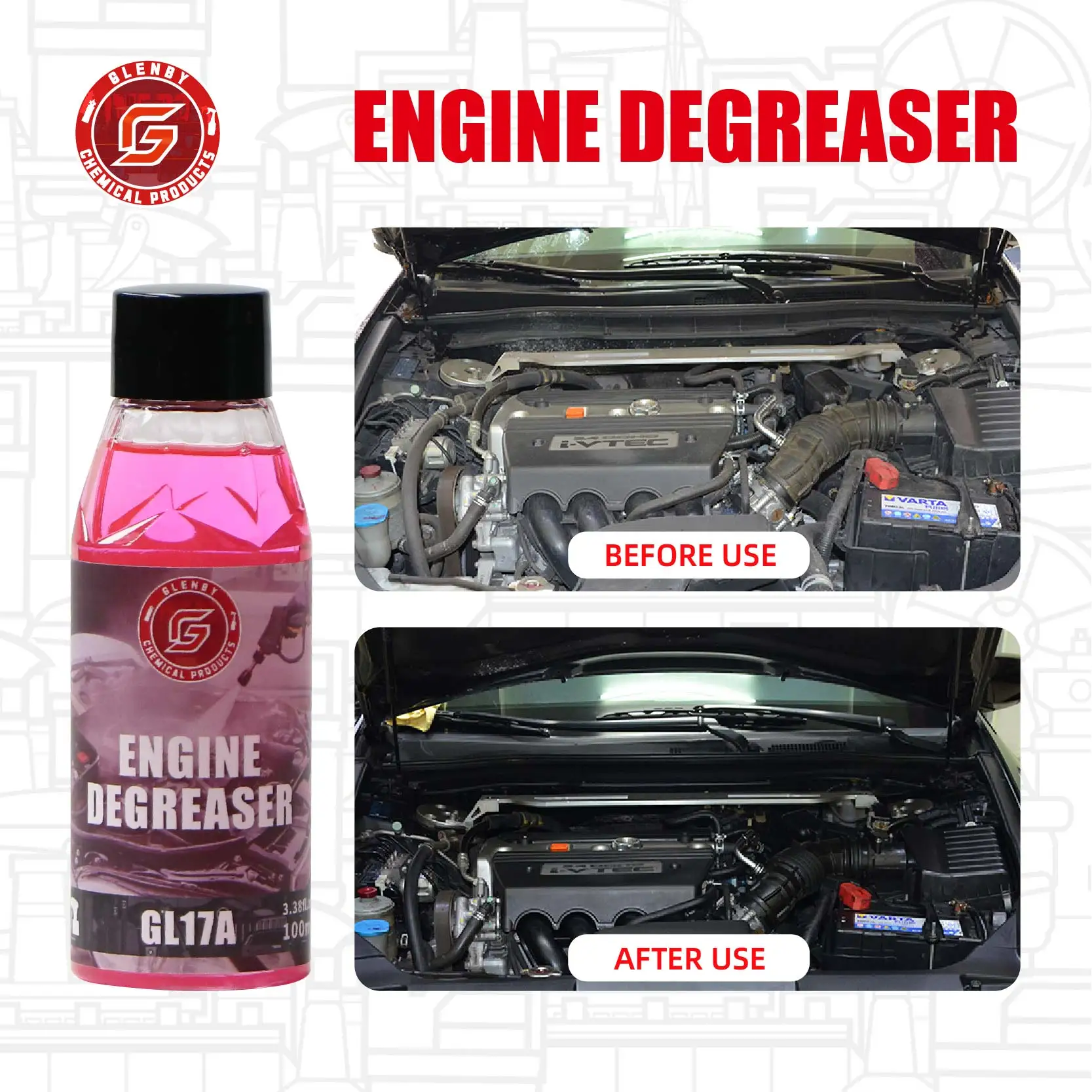 

Средства по уходу за автомобилем Glenby GL17A Очиститель двигателя быстро удаляет масляную жиру, делает заглушку двигателя в качестве нового устройства для удаления пятен от пыли