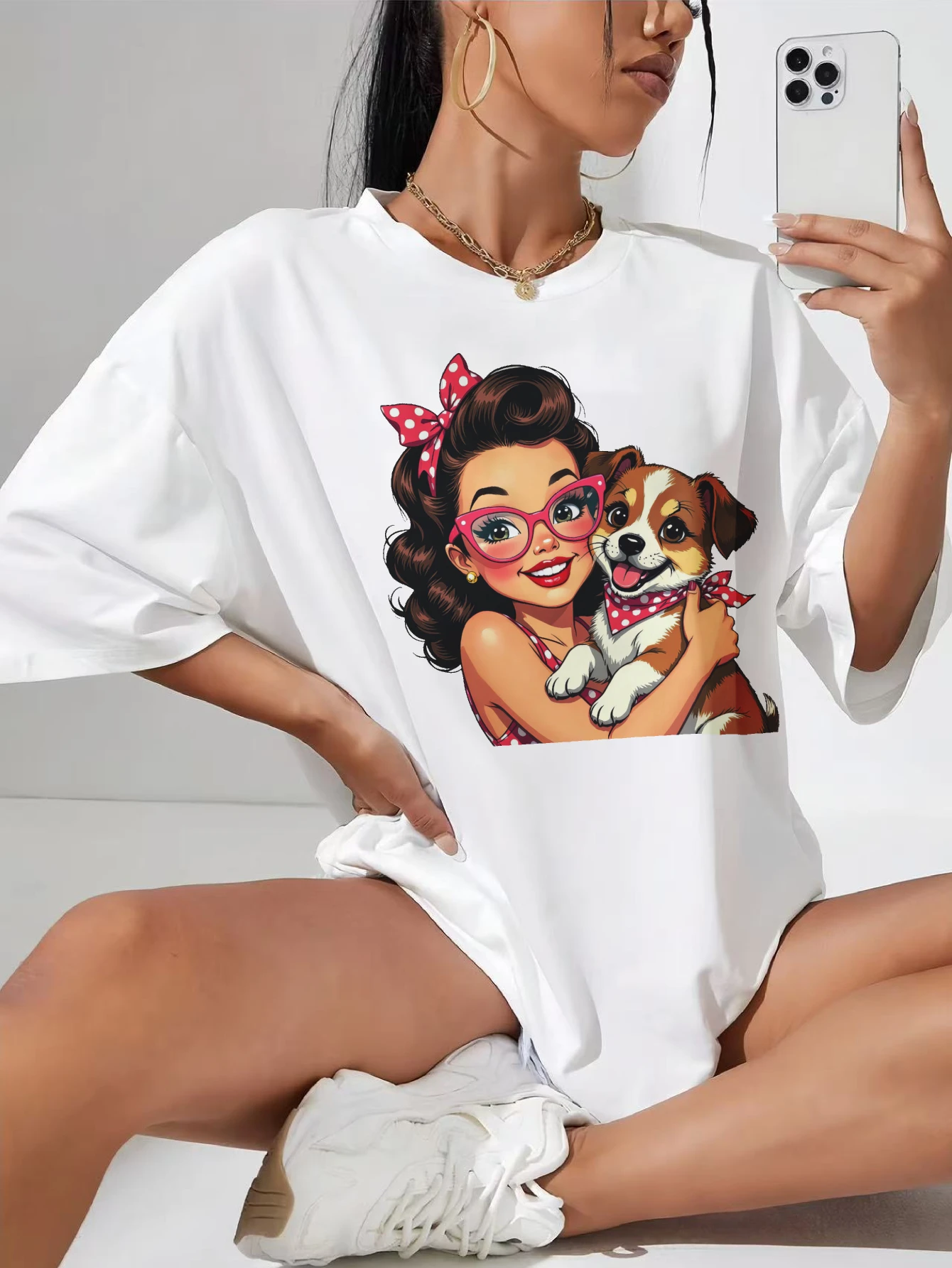 

Retro-Girl-Puppy Stylish White Women's T-Shirt Loose Fit Round Neck Great for Maternity Casual Wear