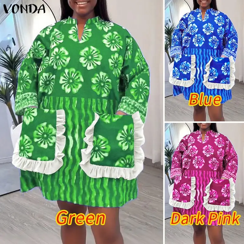 VONDA プラスサイズのドレス女性ボヘミアンミニ Vestidos 長袖花柄カジュアルサンドレスルーズポケットパーティーローブ 0XL-5XL