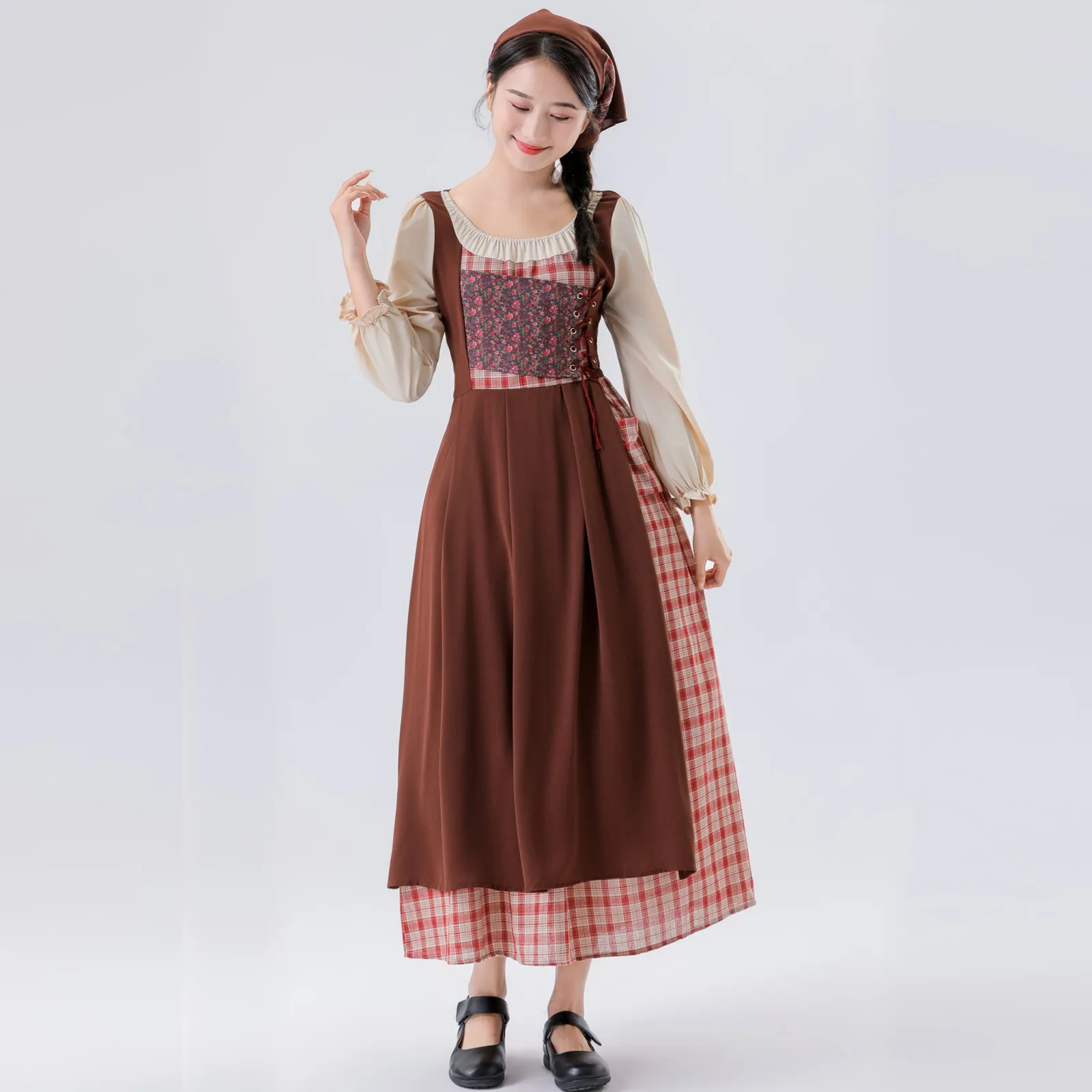 

Plaid And Flower Splicing High Waist U-neck Dress Ladies' Temperement Pastoral Style Fresh Patchwork Long Sleeve A-line Skirt