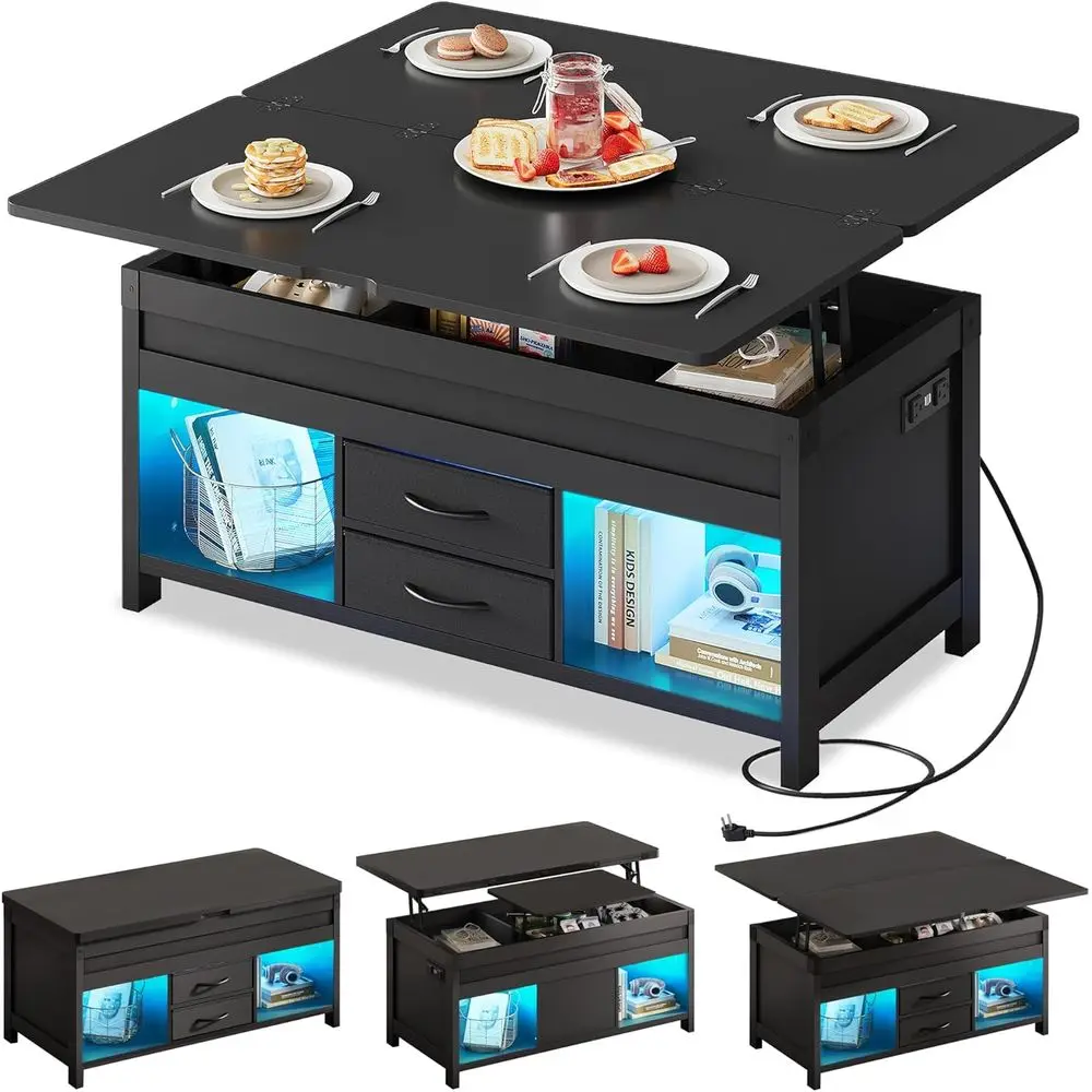 

40 LED-lit Coffee Table with Storage, 2 Fabric Drawers, USB Port, Suitable for Living or Dining Room, Black