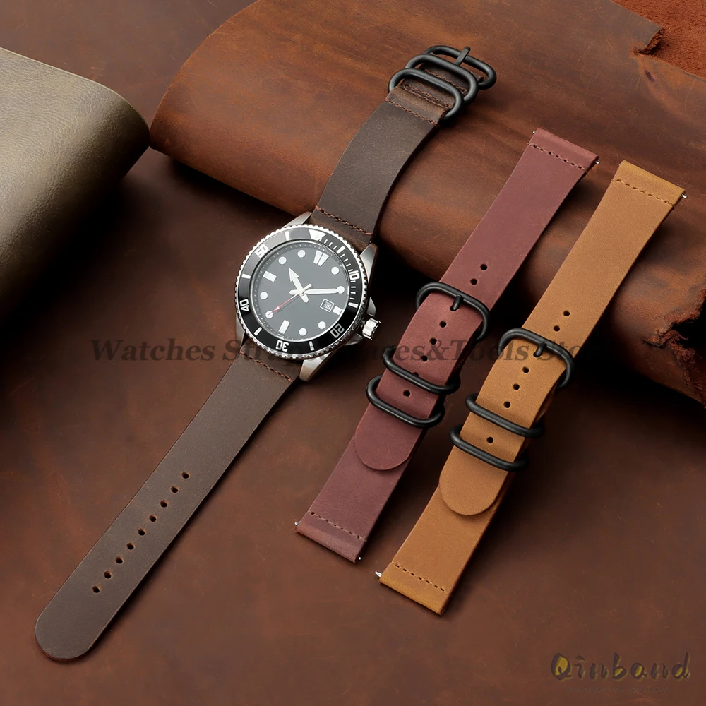 20mm 22mm Vintage Genuine Leather Band Strap for Seiko for Rolex Quick Release Silver Black Ring Buckle Men Women Brown Bracelet