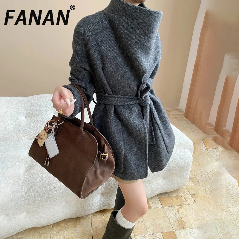 

FANAN High End 100% Wool Coats For Women Irregular Design Belt Gathered Waist Fit Jackets Office Lady Warm Outwear Winter New