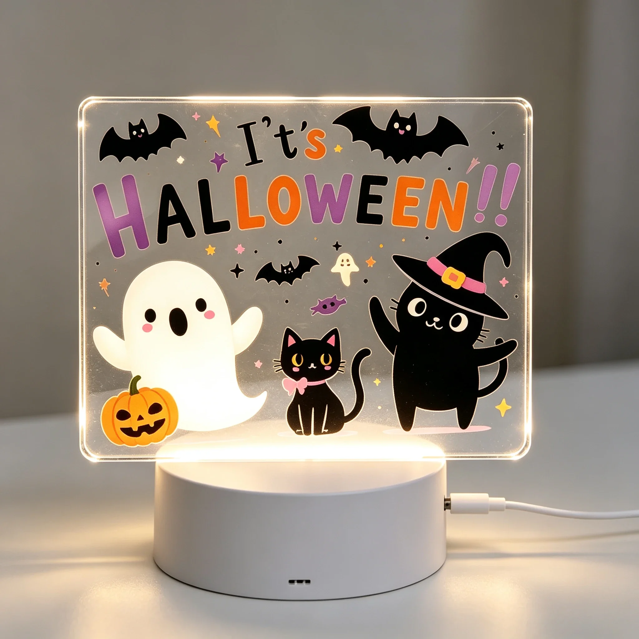 Happy Halloween Ghost & Witch Cat Acrylic Light‑Up Sign, Desk Decoration Lamp
