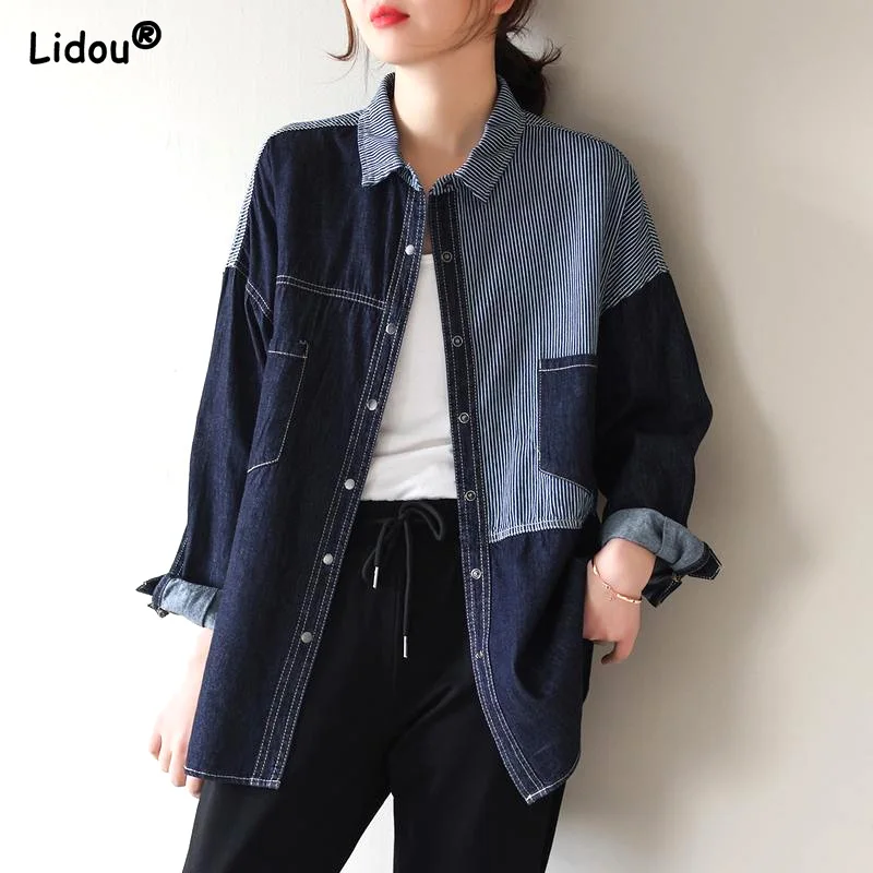 Spring Summer Blouses Loose Casual Thin Turn-down Collar Pockets Splicing Button Cardigan Young Style Irregular Women\'s Clothing