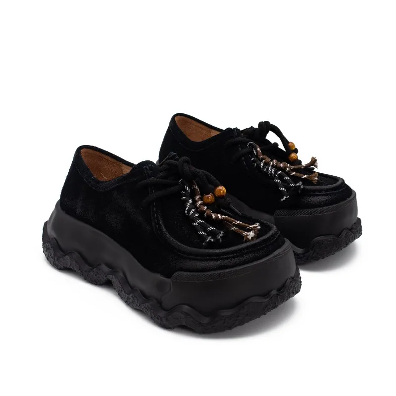Men Mules Black Cow Suede Thick Platform Loafers Lace‑Up Height Increasing Casual Shoes Fashion Daily Walking Footwear