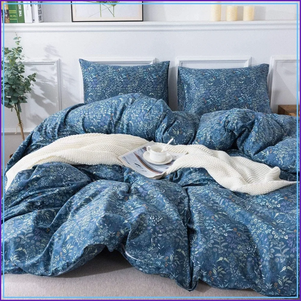 Lace Comforter Set Twin XL Blue Plaid Gingham with 2 Lace Pillowcases Soft Cozy Grid Bedding