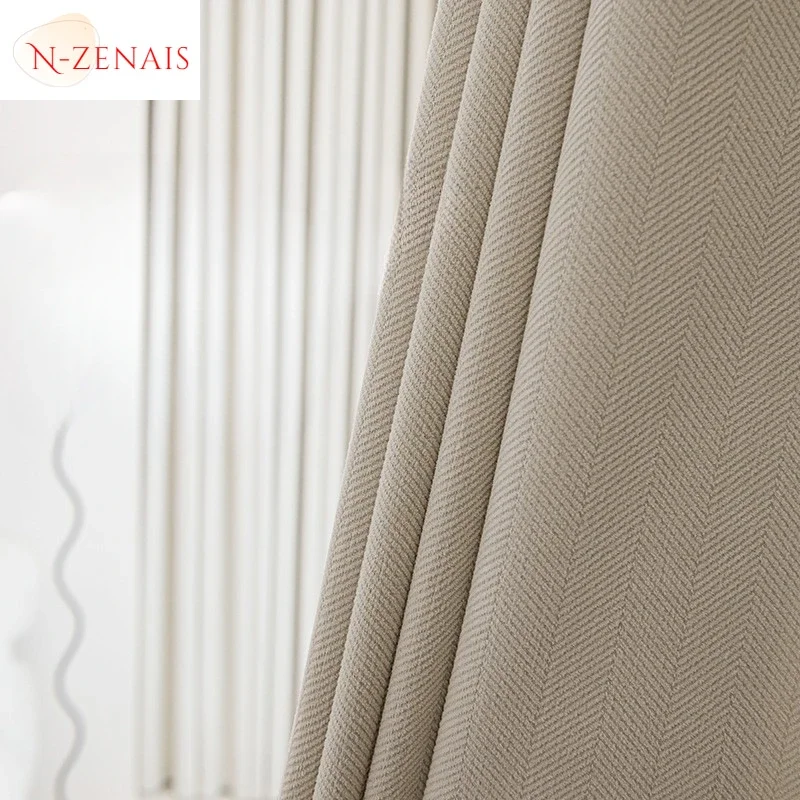 Luxury Cream Style Thickened Herringbone Chenille Blackout Sun Protection and Soundproof Curtains