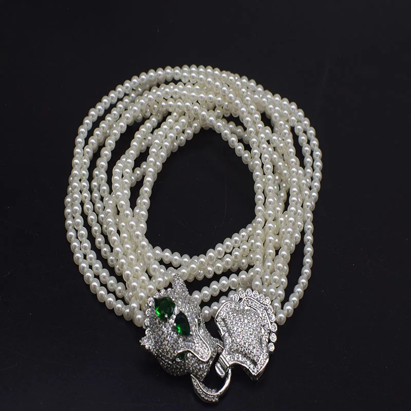5rows shell pearl white 4mm round necklace 50cm leopard green zircon clasp hook