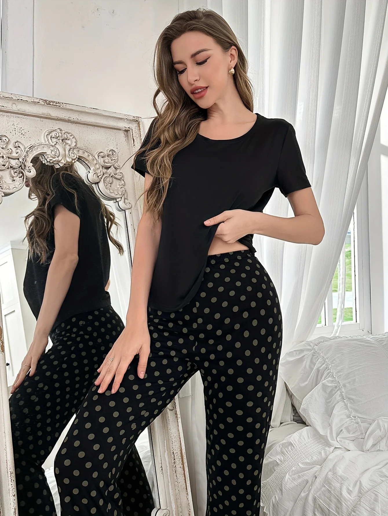2피스 여성용 잠옷 세트, 폴카 도트 프린트 반소매 바지 세트