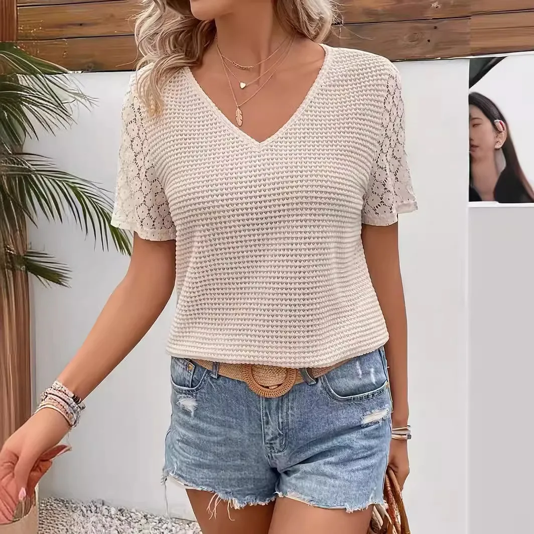 Summer Knitting Women\'s T-Shirt Top Lace Short Sleeve Shirt V Neck T-Shirt Casual Loose Raglan Sleeve Panel Comfortable Tops