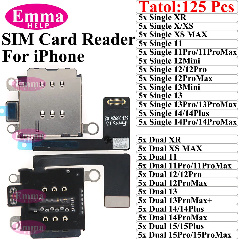 EmmaHelp Dual Sim Card Reader Connector Flex Cable For IPhone 11 12 13 15 Pro Max 14 Plus XR Single Tray Slot Holder Adapter