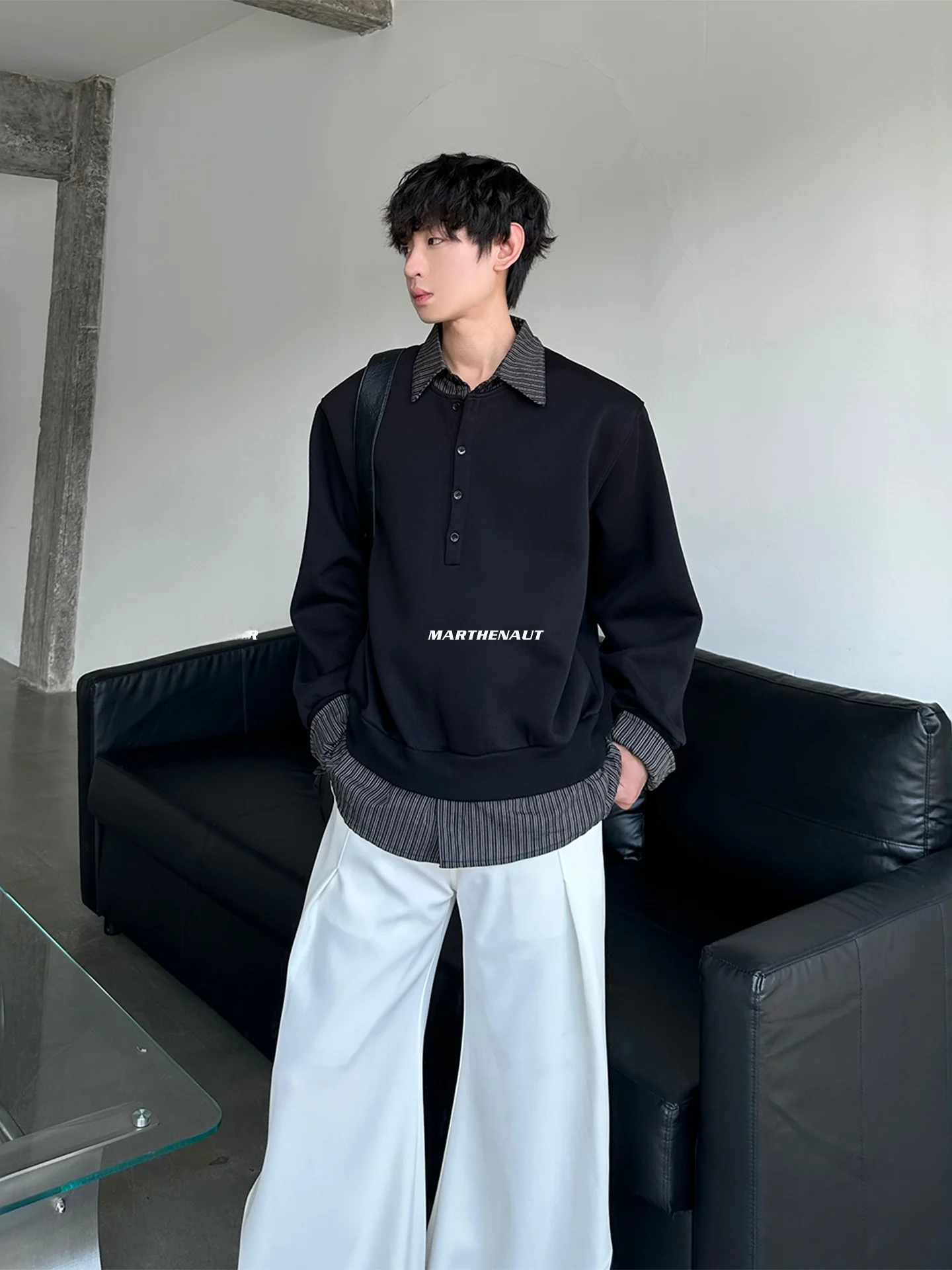 Casual Fashionable Pure Color Collar Long Sleeve Men's Sweatshirt Fake Two-Piece Design Autumn Winter Leisure Comfortable Top