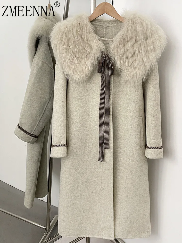 

ZMEENNA Длинное шерстяное зимнее пальто для женщин со съемным воротником из искусственного меха и завязкой спереди Элегантная теплая верхняя одежда ZM4042