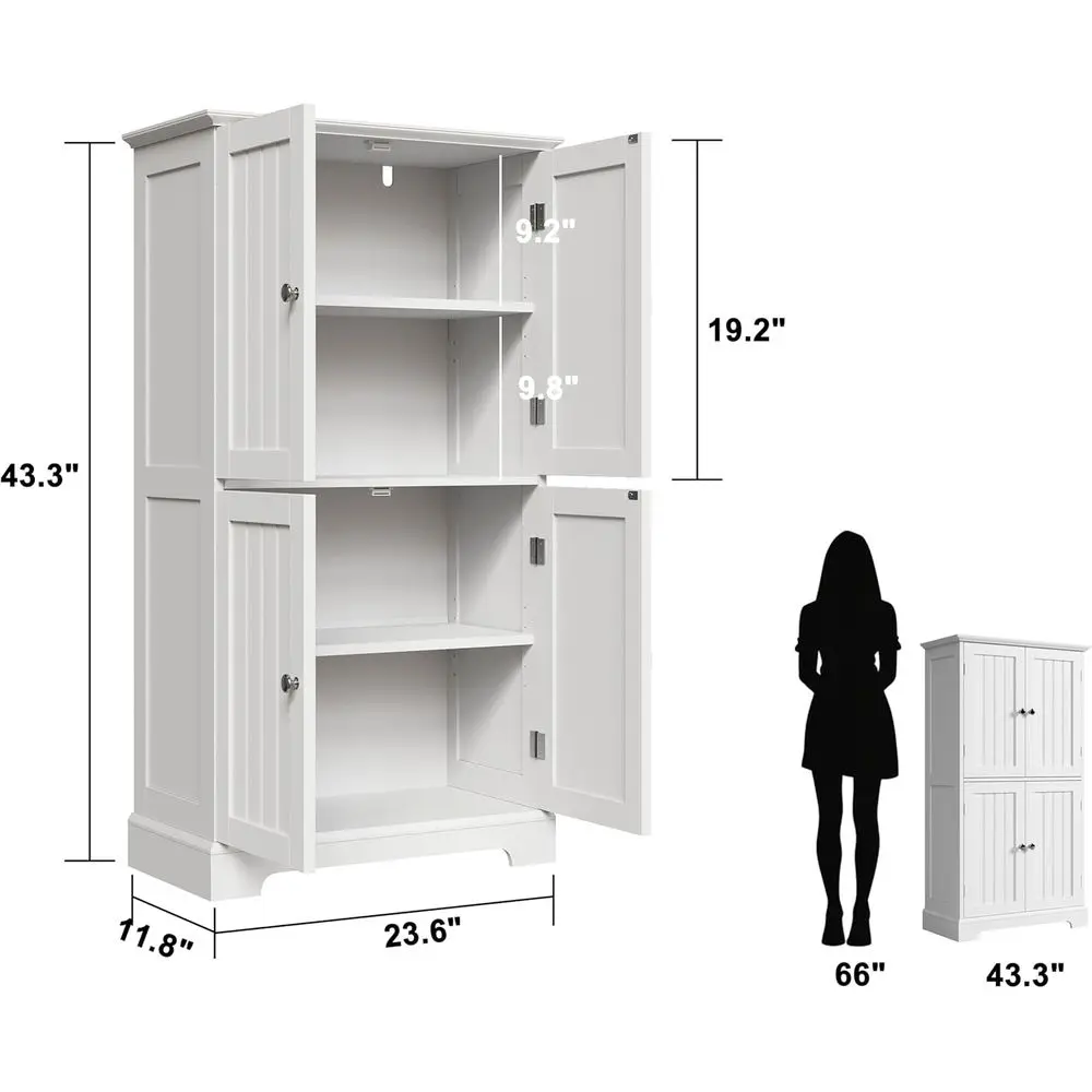 خزانة أرضية حمام بيضاء حديثة قائمة بذاتها مع 4 أبواب وأرفف قابلة للتعديل للتخزين في غرفة المعيشة