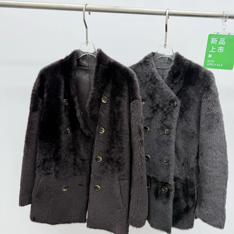 معاطف الفرو الحقيقي امرأة المستوردة راجون الصوف مزدوجة الصدر الوقوف طوق بسيط تنوعا متوسطة طول سترة جلدية فرو الضأن #3