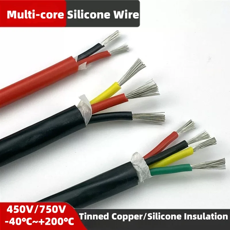 1~1M Flexible Silicone Wire Red/Black Square 0.3 0.5 0.75 1 1.5 2 2.5 4 6mm x 2 3 4 6Cores Tinned Copper High Temperature Cable