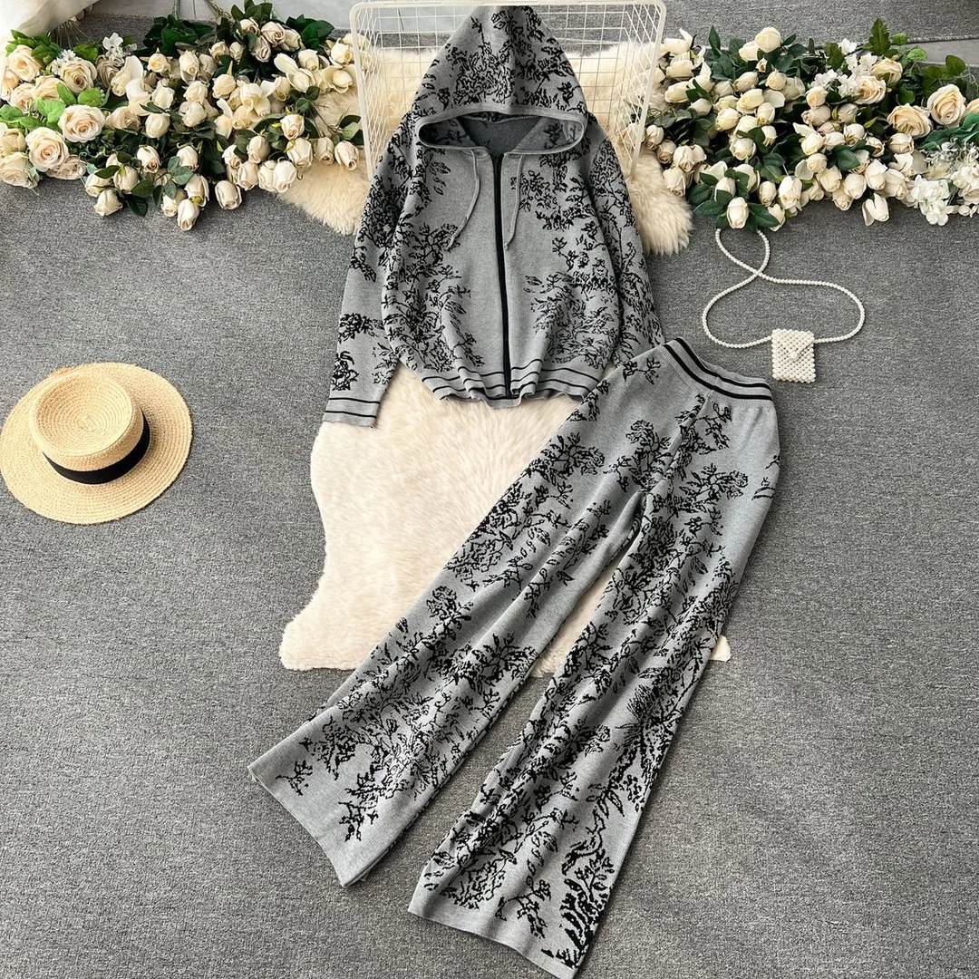 Two Piece Set Muslim Women Knitted Coat Hooded Jacket Zipper Wide Leg Pants Suit Print Ensemble Sports Outfits Knit Tracksuit