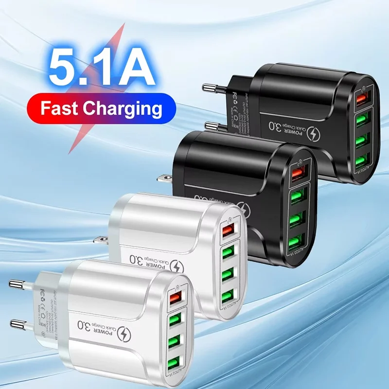 48W Fast Charging Europe EU US Plug USB Charger 4 Ports Quick Charger USB Mobile Phone Travel Charger Adapter For iPhone Xiaomi
