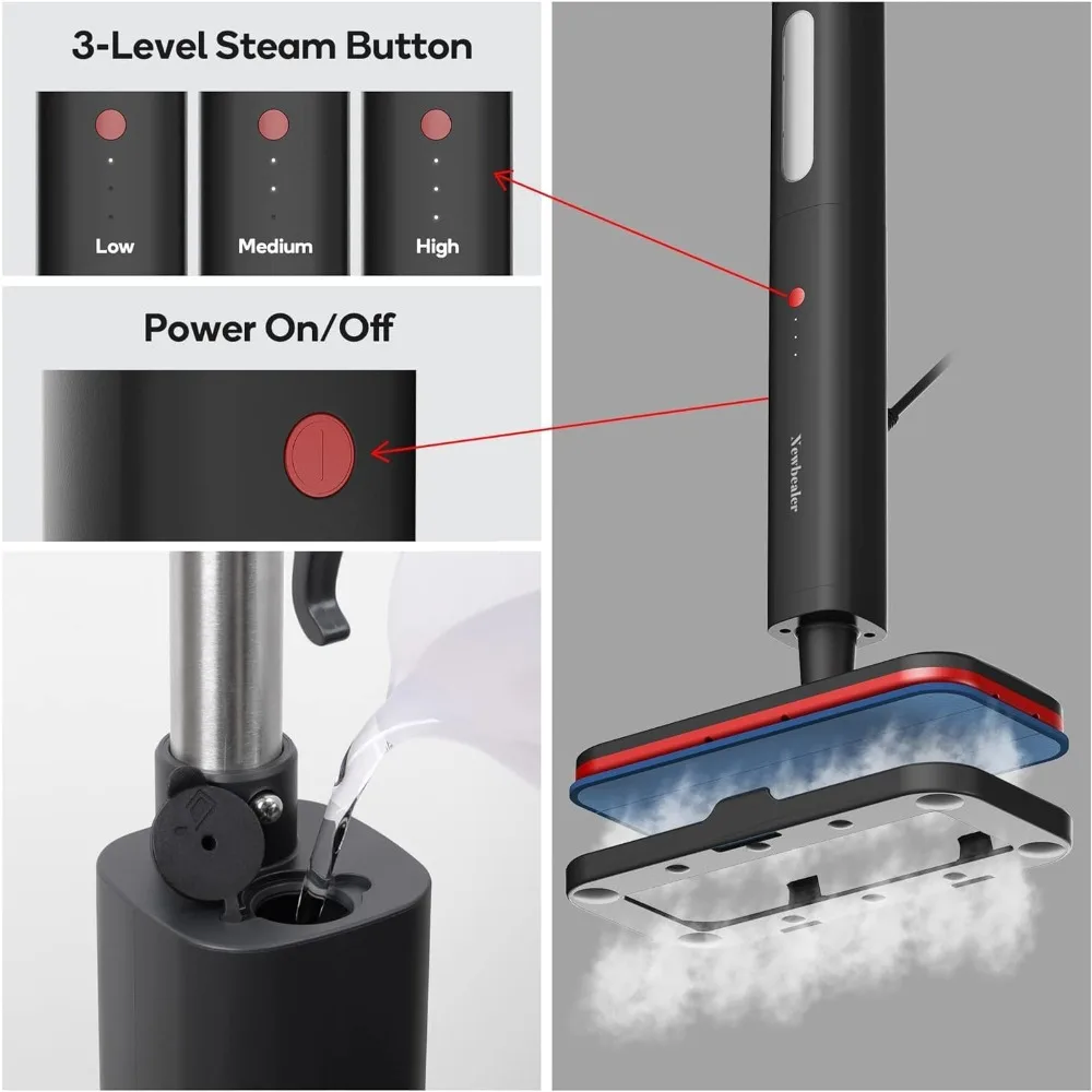 Steam Mop, Hardwood Floor Steamer, 500ml 1200W Powerful Cleaner for Carpet Laminate and Tiles, 3 Adjustable Steam