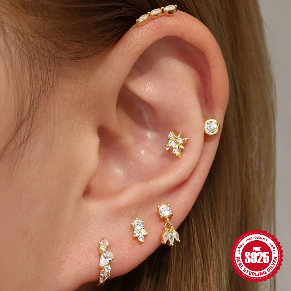 

CANNER 925 sterling silver geometric star/round Zircon piercing For Women Heart Shape flat back Stud Earring Party Jewelry