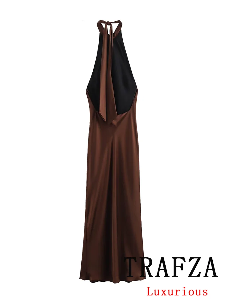 TRAFZA Vintage Chic Sexy Women Dress Solid Lace-up Backless Halter Long Dress New Fashion 2024 Summer Evening Party Female Dress