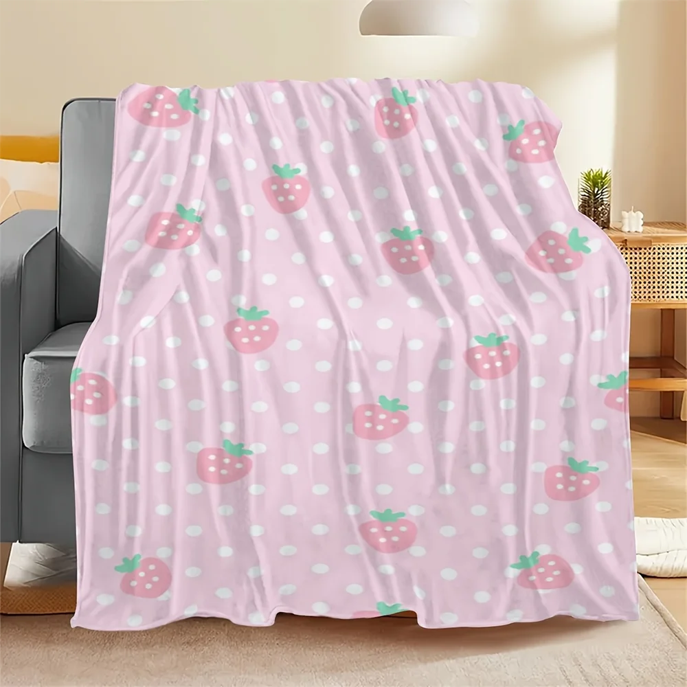1pc  Pink Strawberry Polka Dot Flannel Throw Blanket Soft Cozy Cute Kawaii Blanket for Bedroom Living Room Dorm Decor