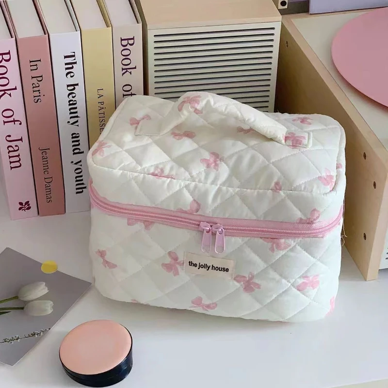 Bolsa de almacenamiento de gran capacidad con lazo dulce para mujer, bolsas de cosméticos femeninas suaves y portátiles, estuches de maquillaje para