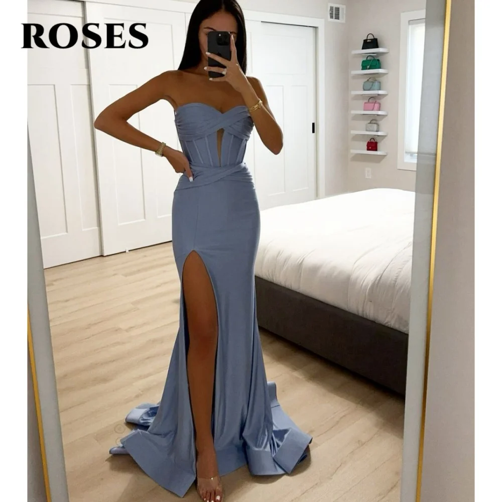 

ROSES Blue Sexy Prom Dresses Sweetheart Hollow Prom Gown with Fishbone Satin Side High Split Formal Gown for Woman Customized